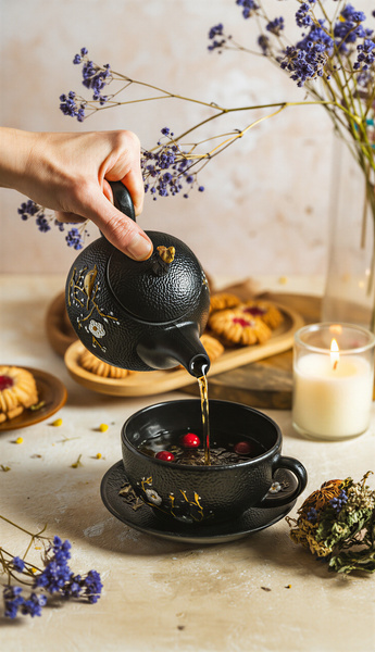 ZAPARZACZ FILIŻANKA SPODEK 0,4L ZESTAW CZARNY ŻELIWNY DO HERBATY PTASZEK