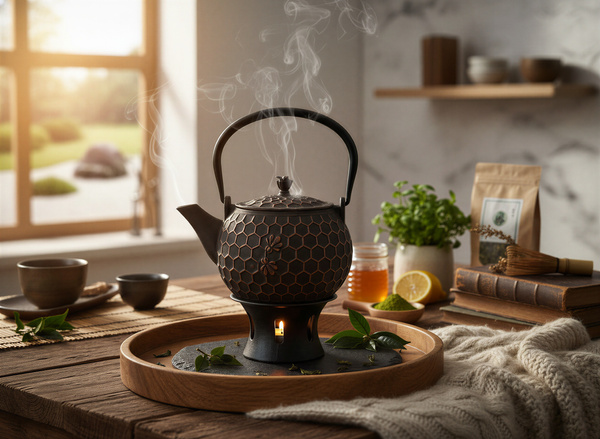 CZAJNIK ŻELIWNY IMBRYK 1,8L ZAPARZACZ DO HERBATY + PODGRZEWACZ + WIDELCZYK