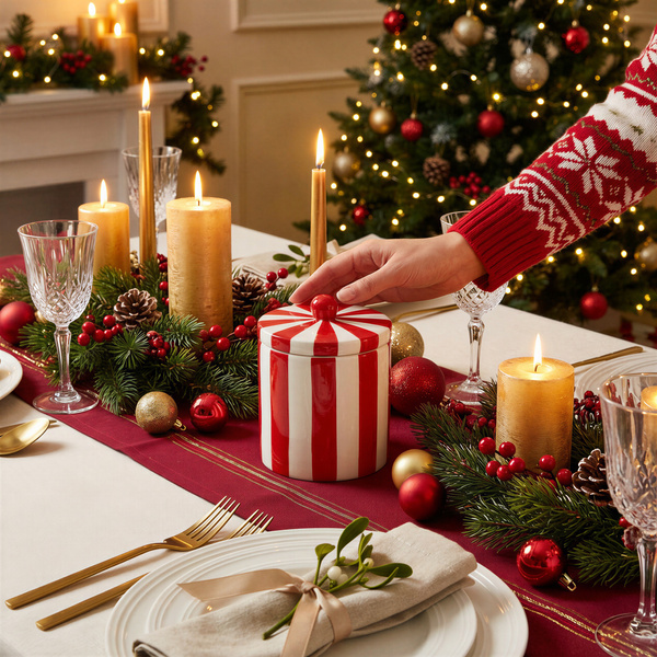 CUKIERNICA SŁOIK POJEMNIK Z PORCELANY CZERWONO-BIAŁY 10,5 CM DEKORACJA