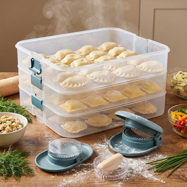 ZESTAW POJEMNIKÓW I WYKRAWACZY DO PIEROGÓW 3W1 PRZEZROCZYSTY 4,5L