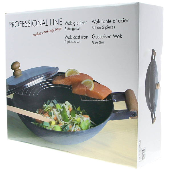 WOK ŻELIWNY PATELNIA 37 CM Ø POKRYWKA ZESTAW + PRZYBORY