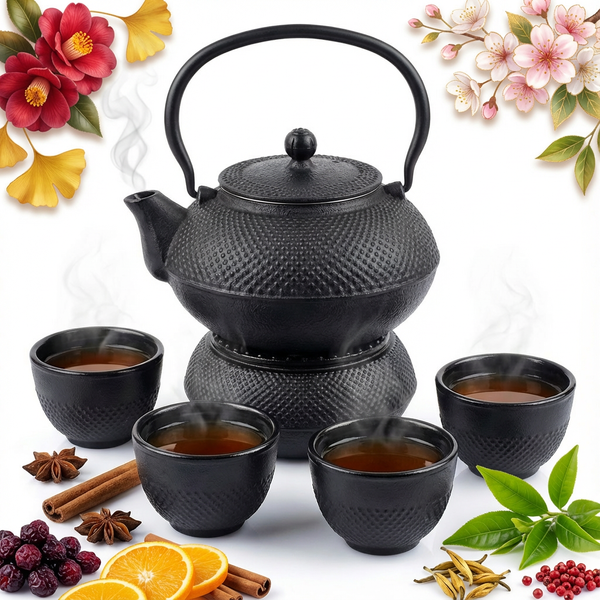 CZAJNIK 1,5L PODGRZEWACZ ŻELIWNY 4x CZARKI ZESTAW