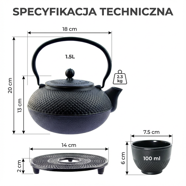 CZAJNIK IMBRYK ŻELIWNY 1,5L ZESTAW 6 SZT. CZARNY DO HERBATY Ø 18 CM