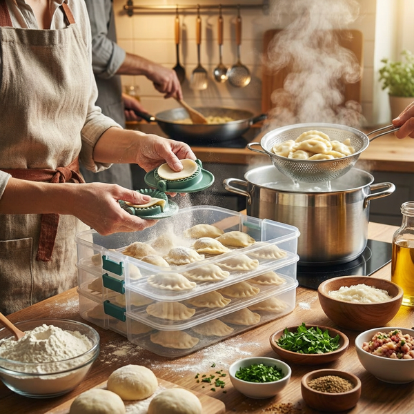 ZESTAW POJEMNIKÓW I WYKRAWACZY DO PIEROGÓW 3W1 PRZEZROCZYSTY 4,5L