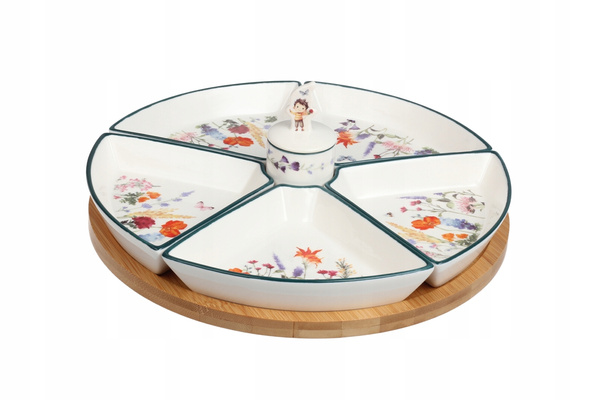 OBROTOWA PATERA CERAMICZNA 27,5 CM NA BAMBUSIE 7 ELEMENTÓW PANI KWIATEK