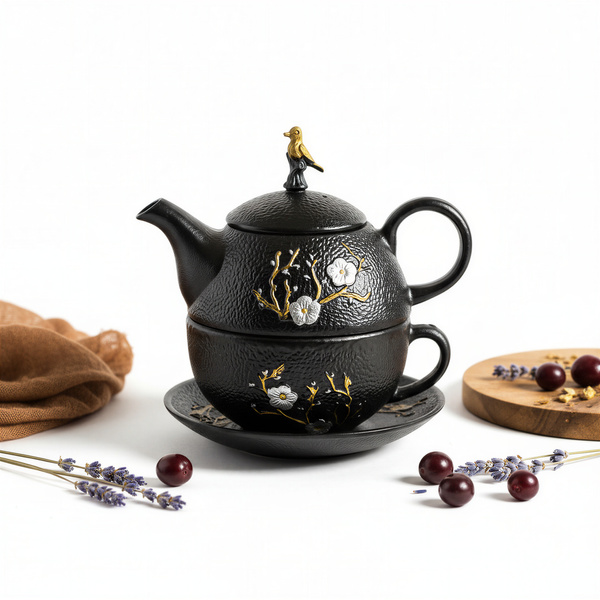 ZAPARZACZ FILIŻANKA SPODEK 0,4L ZESTAW CZARNY ŻELIWNY DO HERBATY PTASZEK