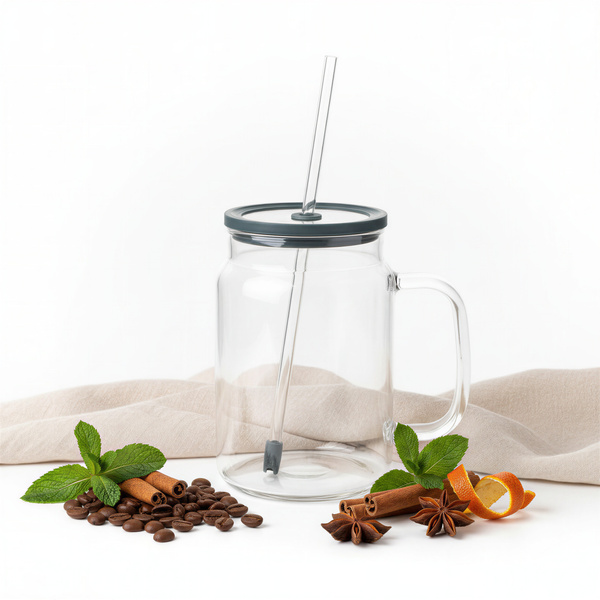 KUBEK BIDON DUŻY SZKLANY 1,5L PRZEZROCZYSTY Z POKRYWKĄ I SŁOMKĄ BIG SZKLANA