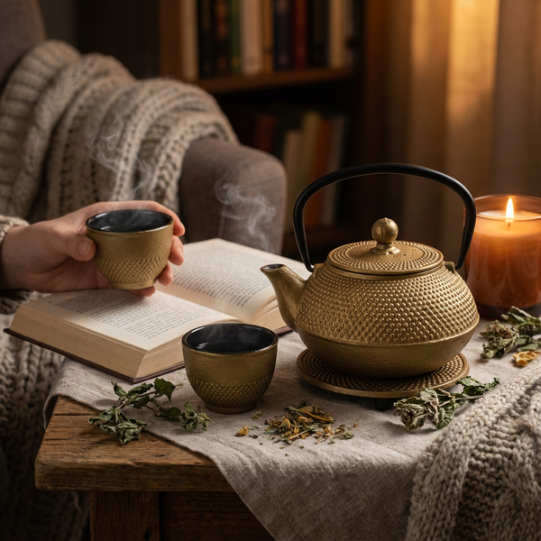 CZAJNIK IMBRYK ZAPARZACZ ŻELIWNY 0,8L ZESTAW DO HERBATY 2 CZARKI PODKŁADKA