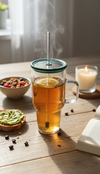 KUBEK BIDON SZKLANY TYPU STANLEY BIG 1,1L PRZEZROCZYSTY Z POKRYWKĄ I SŁOMKĄ