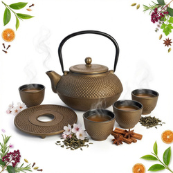 CZAJNIK ŻELIWNY 1,5L IMBRYK 4x CZARKI PODKŁADKA ZAPARCZ DO HERBATY SITKO