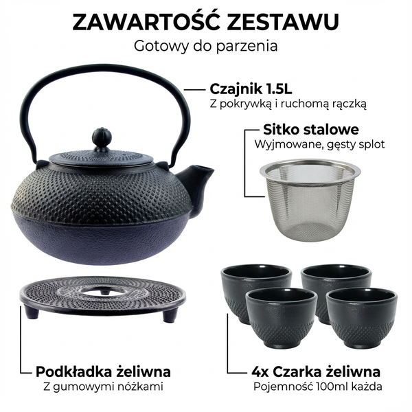 CZAJNIK IMBRYK ŻELIWNY 1,5L ZESTAW 6 SZT. CZARNY DO HERBATY Ø 18 CM