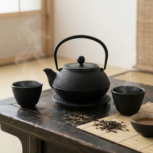 CZAJNIK ŻELIWNY 0,8L IMBRYK ZAPARACZ ZESTAW 2x CZARKI PODSTAWKA CZARNY