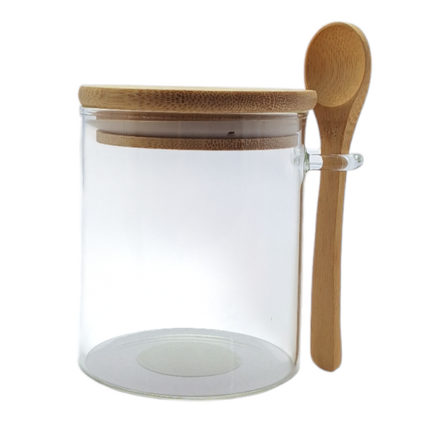 POJEMNIK SZKLANY 400 ml SŁOICZEK Z BAMBUSOWĄ POKRYWKĄ I ŁYŻECZKĄ