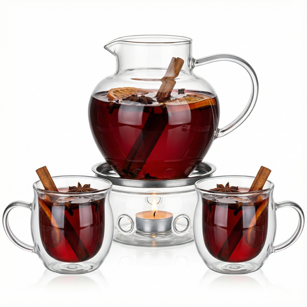ZESTAW DO GRZANEGO WINA GRZAŃCA DZBANEK 1L FILIŻANKI x2 SZKŁO+ PODGRZEWACZ