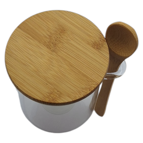 POJEMNIK SZKLANY 400 ml SŁOICZEK Z BAMBUSOWĄ POKRYWKĄ I ŁYŻECZKĄ