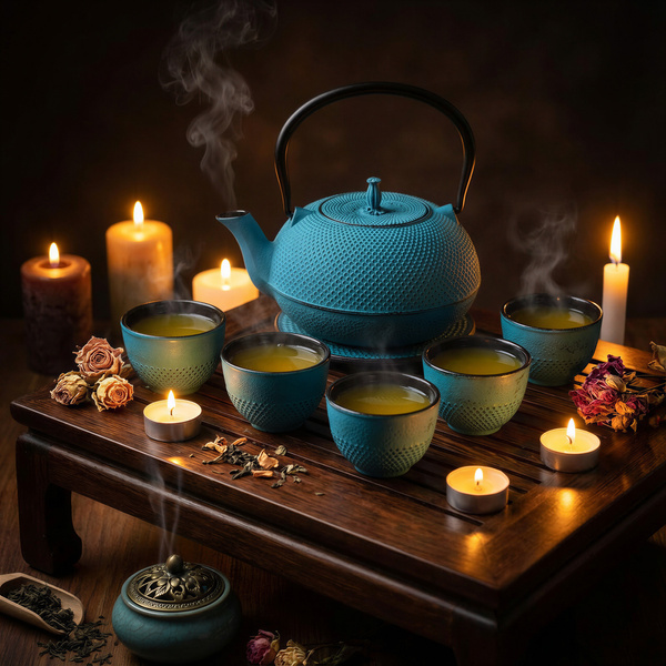 CZAJNIK ŻELIWNY ZAPARZACZ 1,8L Z ZESTAW 6 CZAREK DO HERBATY ZIÓŁ TURKUSOWY