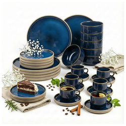 SERWIS OBIADOWYO KAWOWY 30 EL. DLA 6 OSÓB FILIŻANKI DO KAWY BLUE CERAMIKA