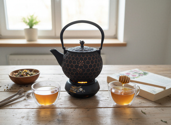 CZAJNIK ŻELIWNY IMBRYK 1,8L ZAPARZACZ DO HERBATY + PODGRZEWACZ + WIDELCZYK