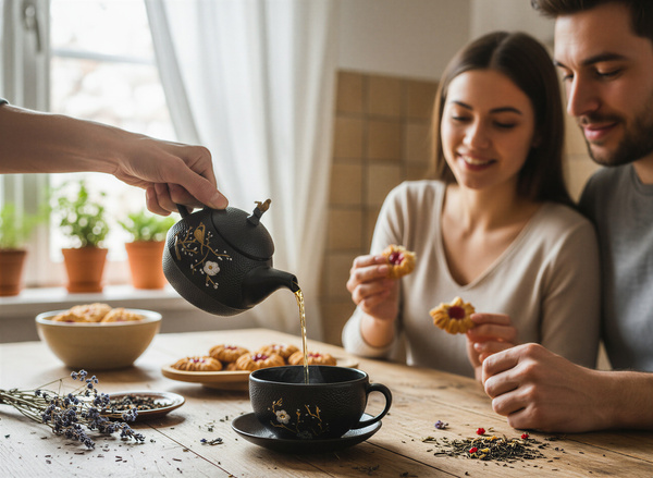 ZAPARZACZ FILIŻANKA SPODEK 0,4L ZESTAW CZARNY ŻELIWNY DO HERBATY PTASZEK