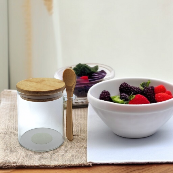 POJEMNIK SZKLANY 400 ml SŁOICZEK Z BAMBUSOWĄ POKRYWKĄ I ŁYŻECZKĄ