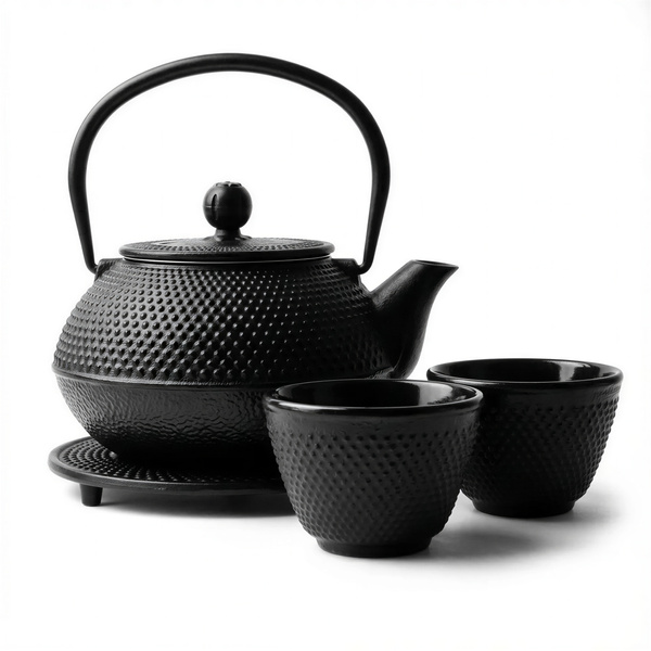 CZAJNIK ŻELIWNY 0,8L IMBRYK ZAPARACZ ZESTAW 2x CZARKI PODSTAWKA CZARNY