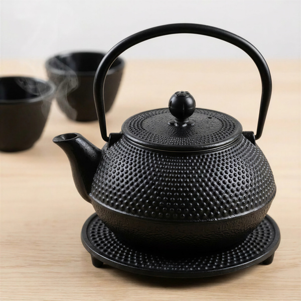 CZAJNIK ŻELIWNY 0,8L IMBRYK ZAPARACZ ZESTAW 2x CZARKI PODSTAWKA CZARNY