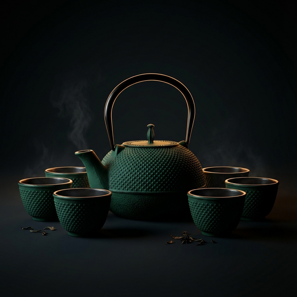 CZAJNIK ŻELIWNY ZAPARZACZ 1,8L Z ZESTAW 6 CZAREK DO HERBATY ZIÓŁ ZIELONY