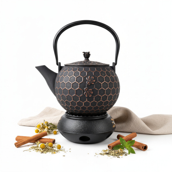 CZAJNIK ŻELIWNY IMBRYK 1,8L ZAPARZACZ DO HERBATY + PODGRZEWACZ + WIDELCZYK