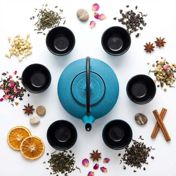 CZAJNIK ŻELIWNY ZAPARZACZ 1,8L Z ZESTAW 6 CZAREK DO HERBATY ZIÓŁ TURKUSOWY