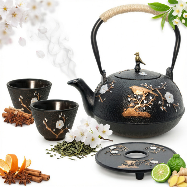 CZAJNIK IMBRYK ŻELIWNY 1,2L ZAPARZACZ SITKO DO HERBATY +2 CZARKI PODKŁADKA