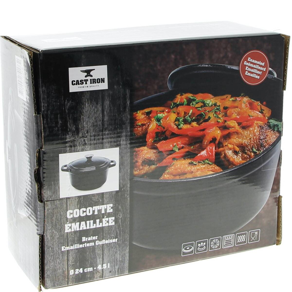 GARNEK ŻELIWNY 4.5L EMALIOWANY Z POKRYWKĄ GAR CZARNY RONDELEK SOLIDNY