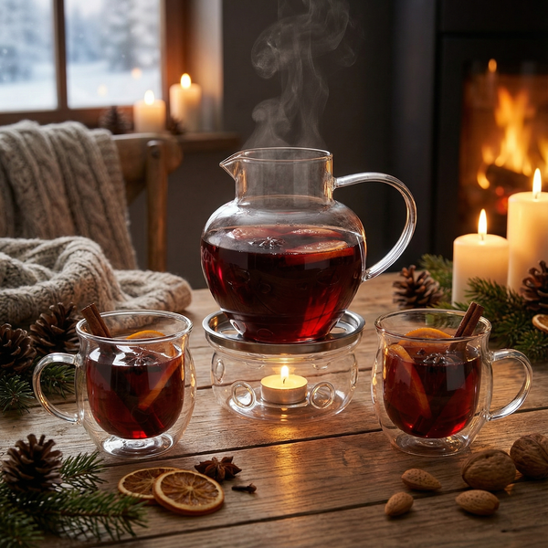 ZESTAW DO GRZANEGO WINA GRZAŃCA DZBANEK 1L FILIŻANKI x2 SZKŁO+ PODGRZEWACZ