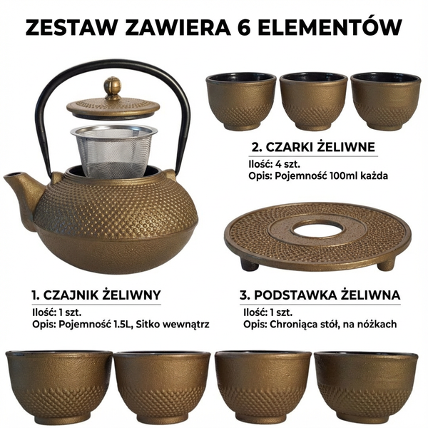 CZAJNIK ŻELIWNY 1,5L ZAPARZACZ DO HERBATY 4 CZARKI ZESTAW 5 ele NA PREZENT