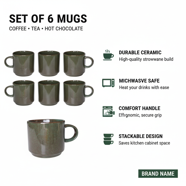 KUBKI DO KAWY HERBATY KUBEK ZESTAW 6 SZT. CIEMNOZIELONY MAT 350 ML Ø 9,5 CM