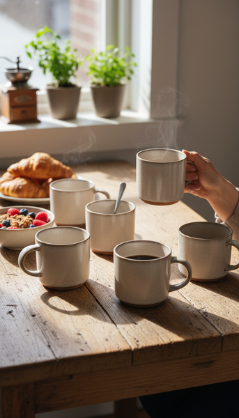 KUBKI DO KAWY HERBATY KUBEK ZESTAW 6 SZT BEŻOWO SZARE 350 ML Ø 9,5 CM