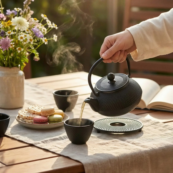 CZAJNIK ŻELIWNY 0,8L IMBRYK ZAPARACZ ZESTAW 2x CZARKI PODSTAWKA CZARNY