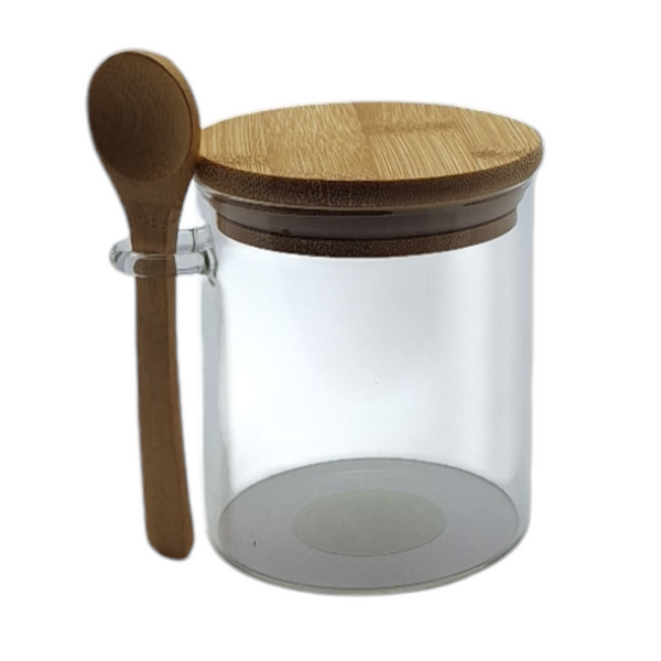 POJEMNIK SZKLANY 400 ml SŁOICZEK Z BAMBUSOWĄ POKRYWKĄ I ŁYŻECZKĄ