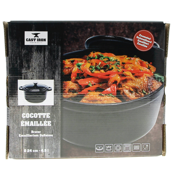 GARNEK ŻELIWNY 4.5L EMALIOWANY Z POKRYWKĄ GAR CZARNY RONDELEK SOLIDNY