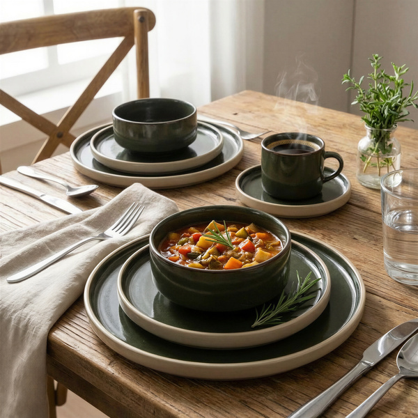 SERWIS OBIADOWYO KAWOWY 30 EL. DLA 6 OSÓB FILIŻANKI DO KAWY GREEN CERAMIKA