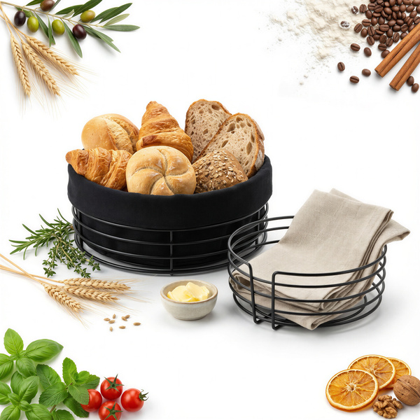 KOSZYK METALOWY NA CHLEB + WKŁAD Z TKANINY CZARNY