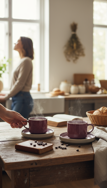 FILIŻANKI ZESTAW KAWOWY ZE SPODKAMI DO KAWY HERBATY 200 ml ŚLIWKOWE Ø 8,5cm