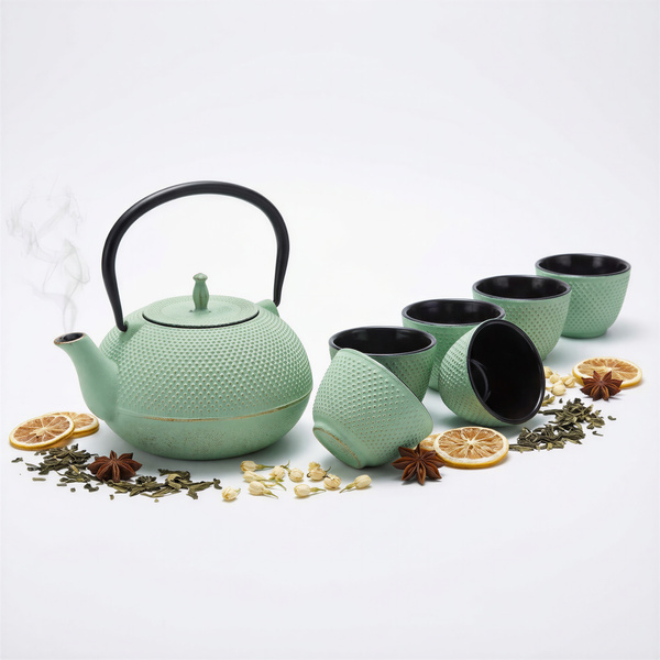 CZAJNIK ŻELIWNY ZAPARZACZ 1,8L Z ZESTAW 6 CZAREK DO HERBATY ZIÓŁ MIĘTOWY