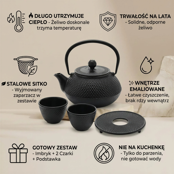 CZAJNIK ŻELIWNY 0,8L IMBRYK ZAPARACZ ZESTAW 2x CZARKI PODSTAWKA CZARNY