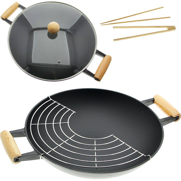 WOK ŻELIWNY PATELNIA 37 CM Ø POKRYWKA ZESTAW + PRZYBORY