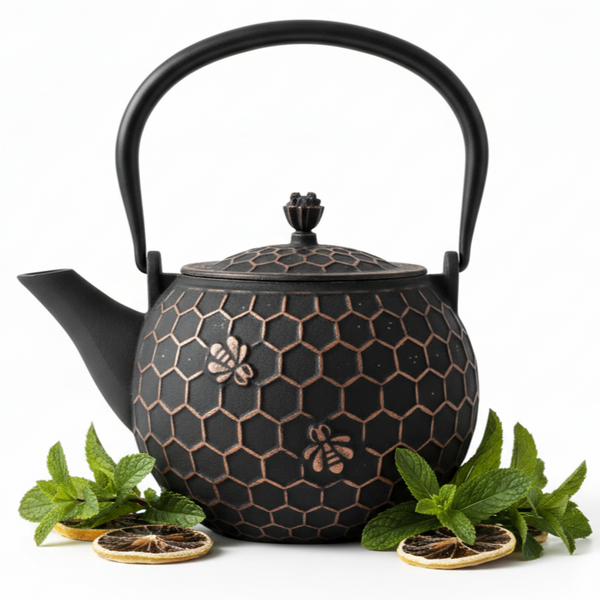 CZAJNIK ŻELIWNY IMBRYK 1,8L ZAPARZACZ DO HERBATY Z MIEDZIANYMI AKCENTAMI