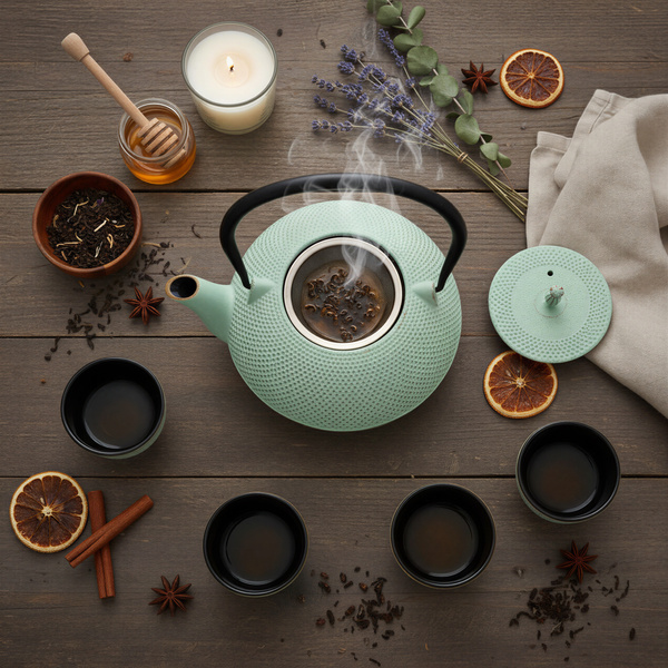 CZAJNIK ŻELIWNY ZAPARZACZ 1,8L Z ZESTAW 6 CZAREK DO HERBATY ZIÓŁ MIĘTOWY