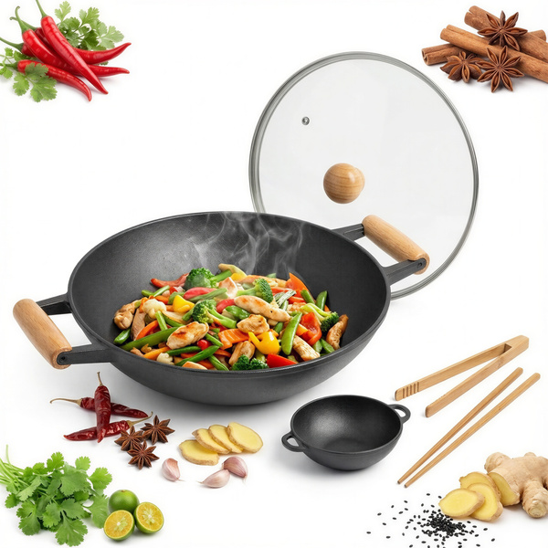 WOK ŻELIWNY PATELNIA 37 CM Ø POKRYWKA ZESTAW + PRZYBORY