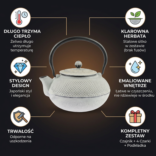 CZAJNIK ŻELIWNY 1,5L ZAPARZACZ DO HERBATY 4 CZARKI ZESTAW 5 ele NA PREZENT