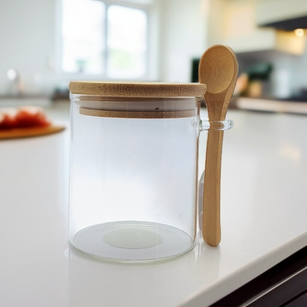 POJEMNIK SZKLANY 400 ml SŁOICZEK Z BAMBUSOWĄ POKRYWKĄ I ŁYŻECZKĄ