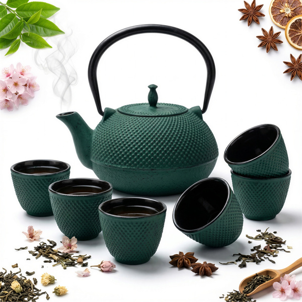 CZAJNIK ŻELIWNY ZAPARZACZ 1,8L Z ZESTAW 6 CZAREK DO HERBATY ZIÓŁ ZIELONY